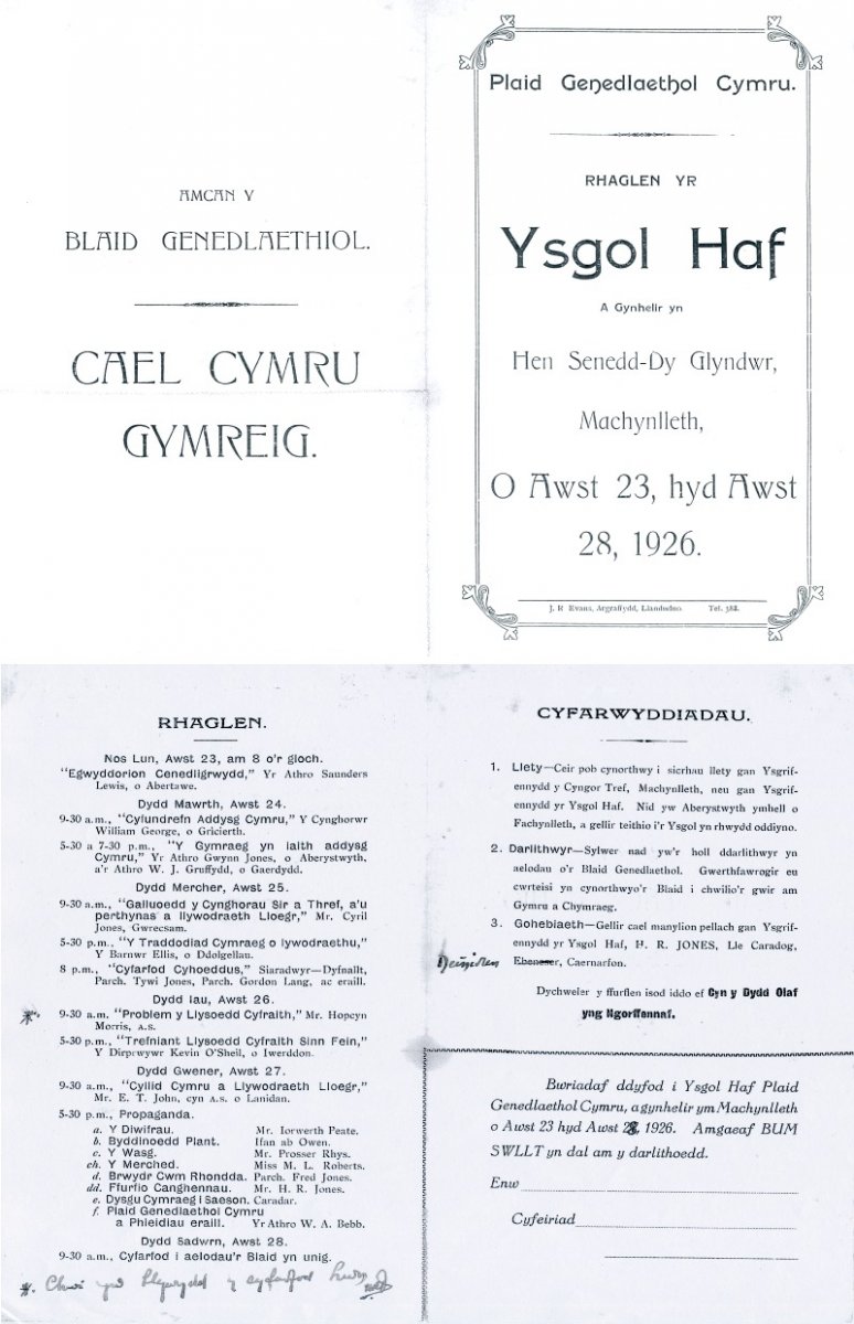 1926 Ysgol Haf Rhaglen